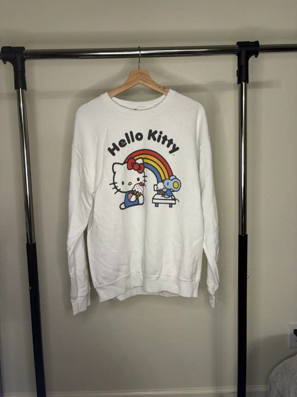 Hello Kitty Rainbow Graphic Crewneck Sweatshirt White Jerzees Nublend Size L San